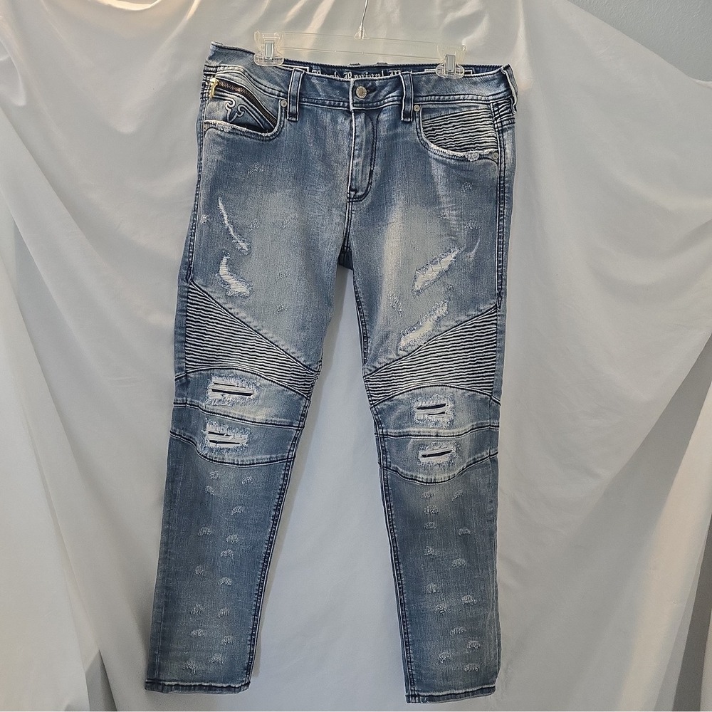 Rock Revival Moto Nelrose Denim Jeans Easy Skinny Stretch Distressed Sz 32 Edgy